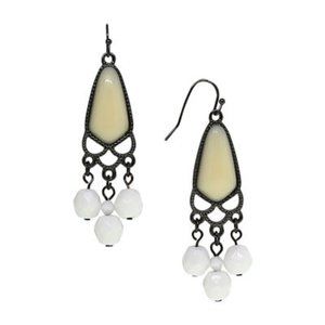 Vintage Style Bronze Tone White Opaque Dangle Earrings